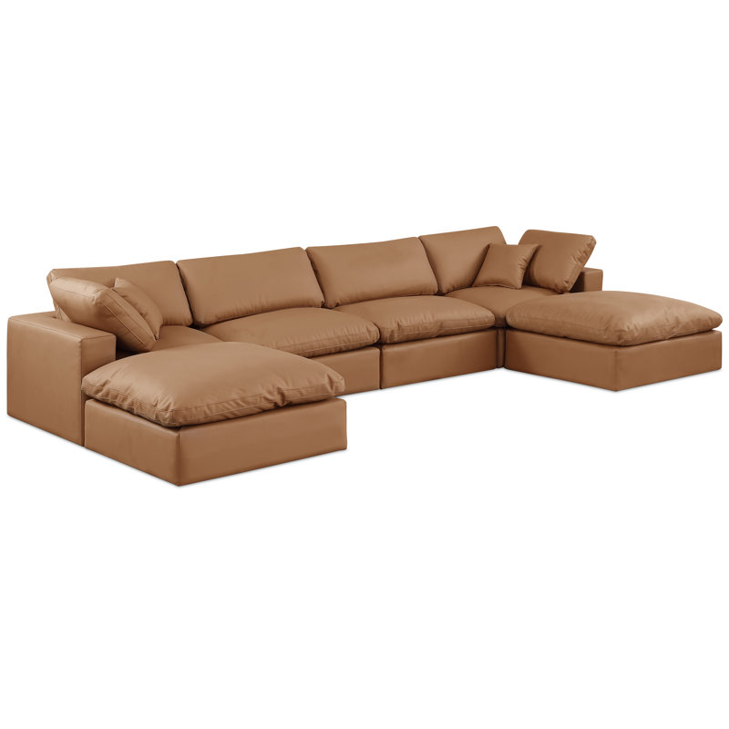 Hivay 160" Wide Faux Leather Reversible Modular Corner Sectional with Ottoman, Cognac Vegan Leather