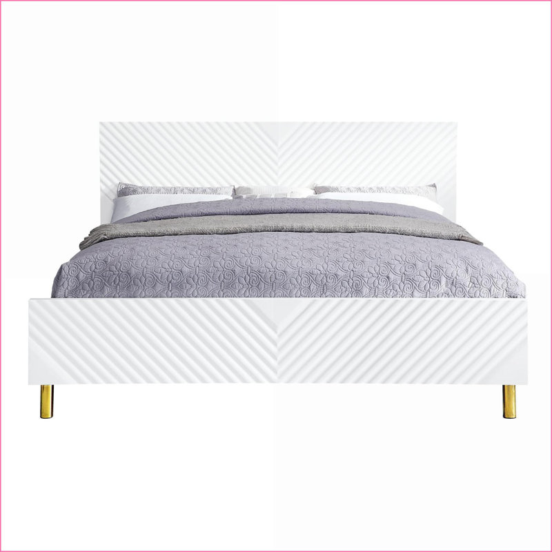 Grand panneau de fibres à densité moyenne et amp; Structure de lit plateforme en métal avec finition ultrabrillante, aucun sommier tapissier requis, blanc pour les chambres à coucher