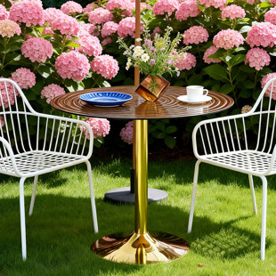35" Light Luxury Brown Ring Glass Round Table. Golden Metal Pillar. Household Coffee Table, Dining Table. Suitable for Small Dining Spaces of 2-4 People.