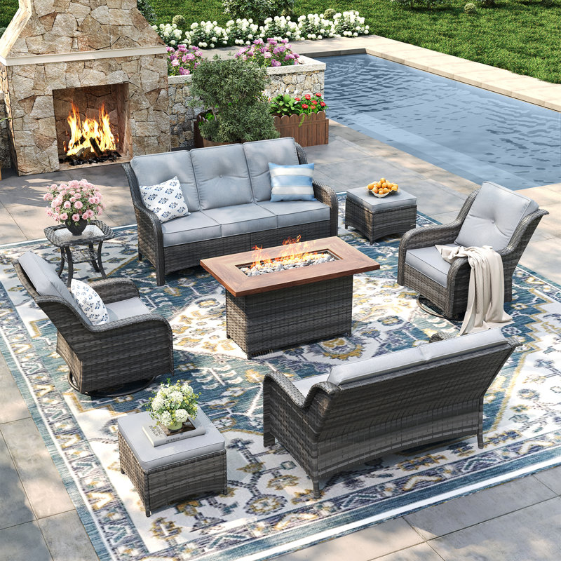 7-Piece Outdoor Rattan Fire Pit Conversation set with 3-seat sofa, Loveseat, Swivel Club Chairs and Ottomans, Gray, Gray
