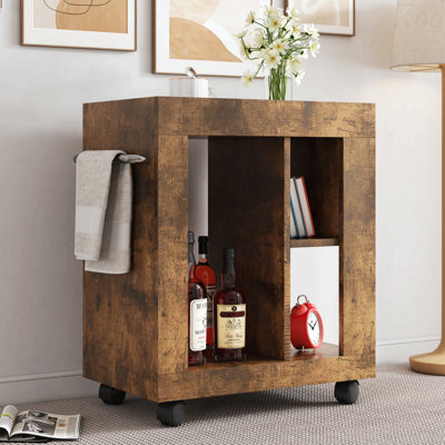 Mid-Century Modern Style Movable Side Cabinet For Sofa, Household Brown Trolley Storage Locker And Shelf For Living Room.