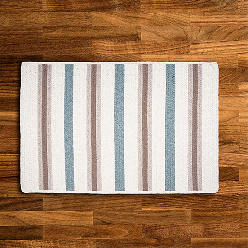 Tapis à rayures réversibles en mélange de laine bleu / brun / beige clair Chung, Rectangle 7 pi x 9 pi