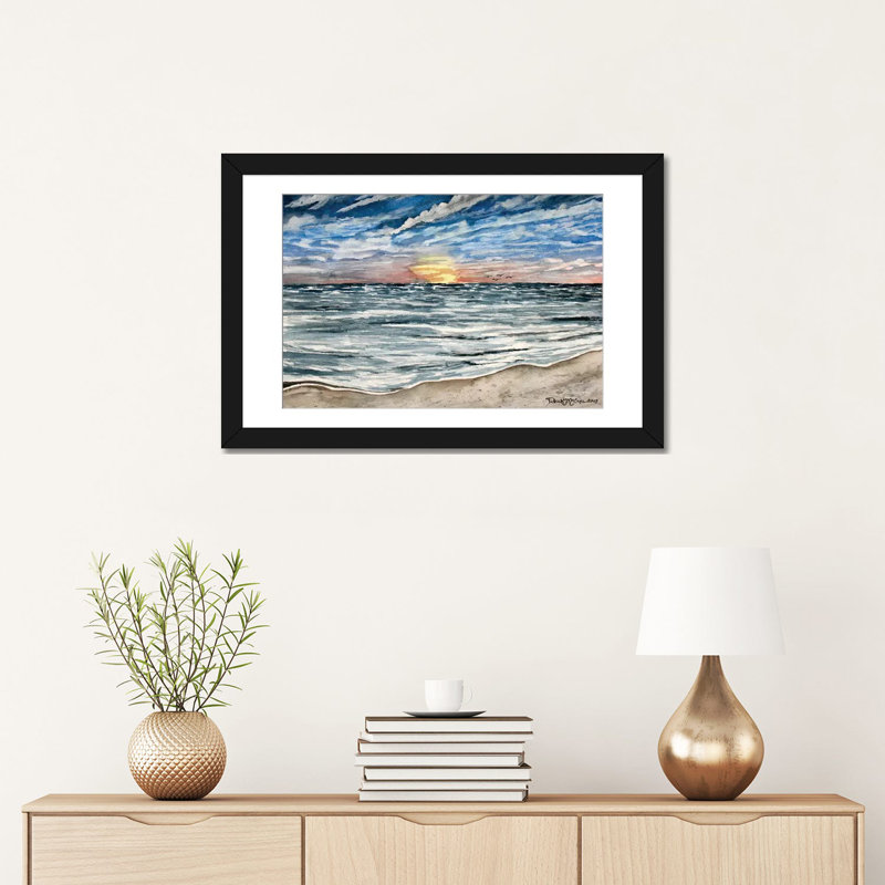 «Sunset Seascape» non disponible sur toile, H 16 po x l 24 po x P 1 po, Papier d'art encadré noir, Blanc