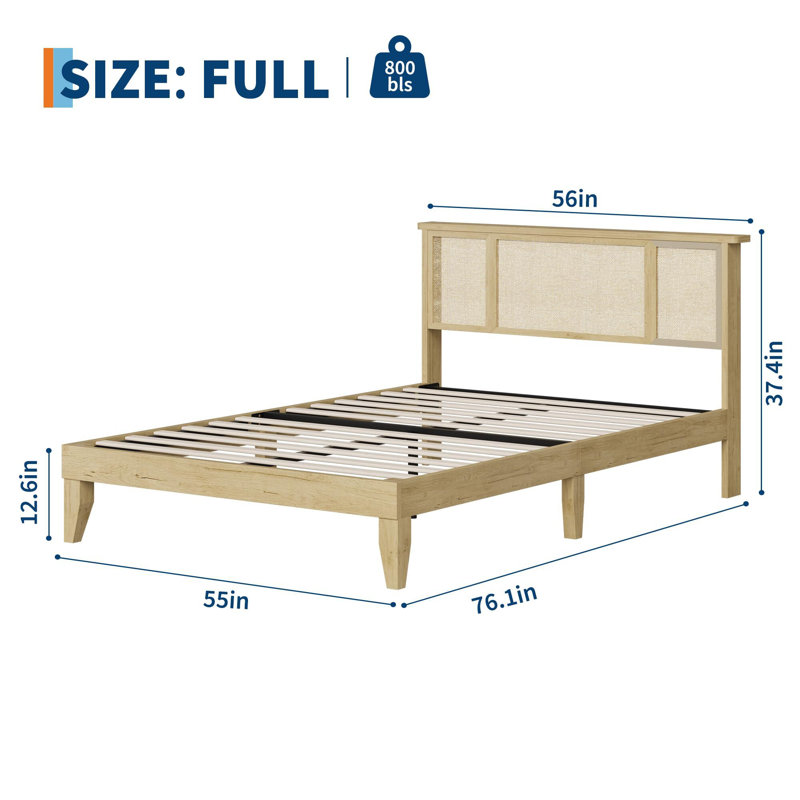Bed Frame With Natural Rattan Headboard, Strong Wooden Slats, Full