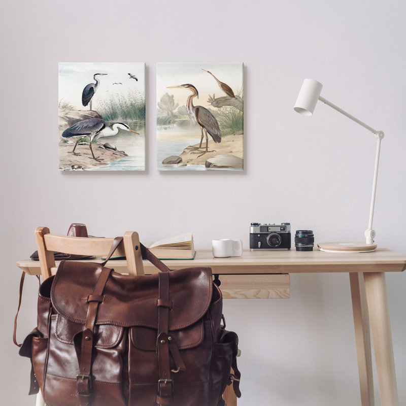 Elegant Heron Birds Forager River Edge Scene par Piddix - 2 pièces sur, H 16 po x l 20 po x P 1,5 po