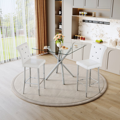 Ensemble de table de salle à manger 3 pièces, table de bar moderne en verre et tabourets de bar rembourrés