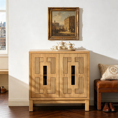 Mid Century Modern Buffet Sideboard Cabinet, 31.5 Inch Carved Openwork Wooden Storage Credenza With 2 Doors & Adjustable Shelf, Entryway Console Cabinet For Living Room Dining Kitchen Hallway