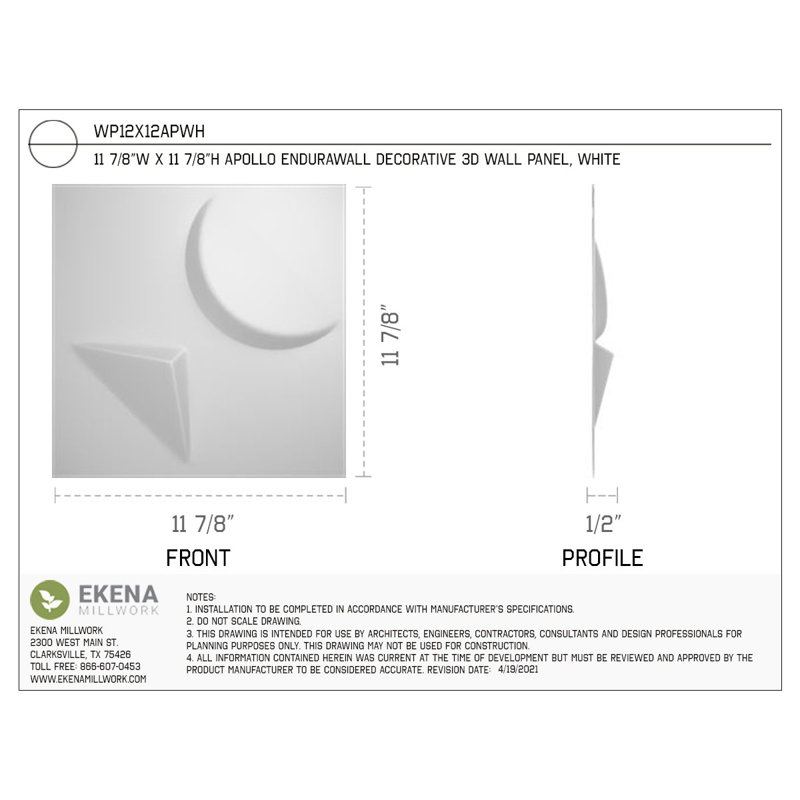 Couvre-panneau mural décoratif 3D H 11 7/8 po x l 7 7/8 po Apollo Endurawall 48,96 pieds carrés Pi. (50 / PC)