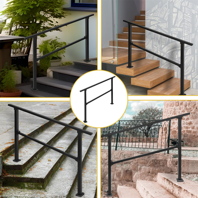 Wrought Iron Handrail, Step Handrails For Outdoor Steps Fit 3 To 4 Steps, Adjustable Porch Railing Transitional Rail With Installation Kit For Concrete Steps Or Wooden Stairs (Black)