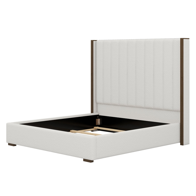 Tall Headboard Upholstered Bed With Vertical Striped And Wingback Design