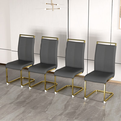 Modern Dining Chair, PU Faux Leather High Back Upholstered Side Chair With C-Shaped Tube Golden Coating Metal Legs For Dining Room Kitchen Vanity Patio Club Guest Office Chair (Set Of 4)