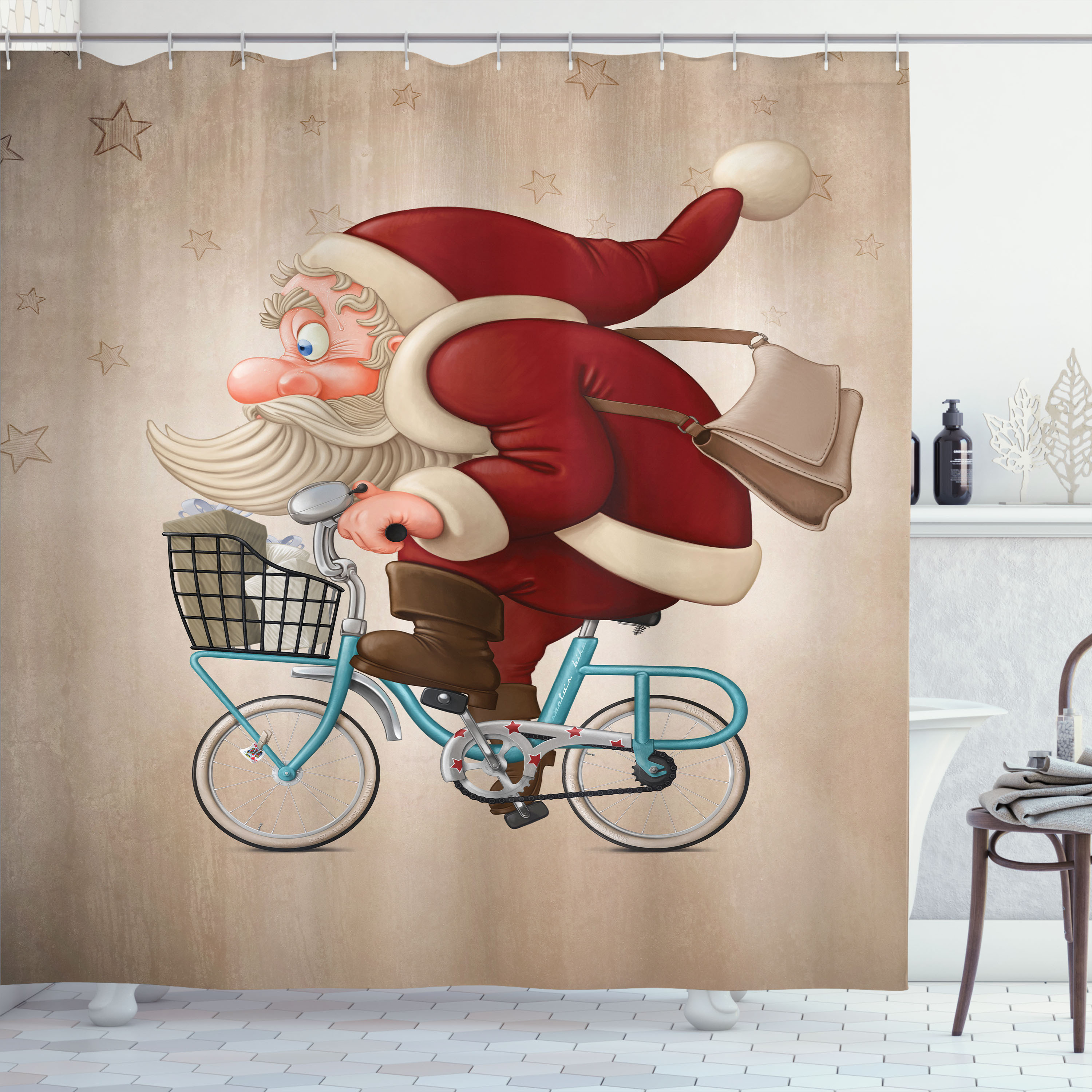 The Holiday Aisle® Christmas Shower Curtain Santa Rides a Blue Bike ...