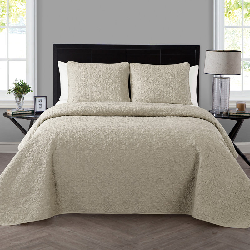 Taupe Full Microfiber Floral Embossed Quilt Set