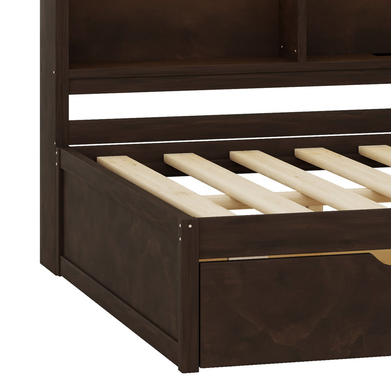Lit de jour avec tablettes, USB, DEL et 2 tiroirs, idéal pour les chambres à coucher et les salons, Brun