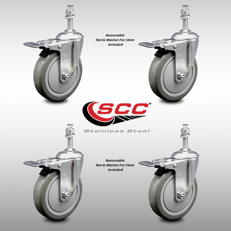 5 Inch SS Polyurethane 10mm Threaded Stem Caster Set Total Lock Brake, Gray