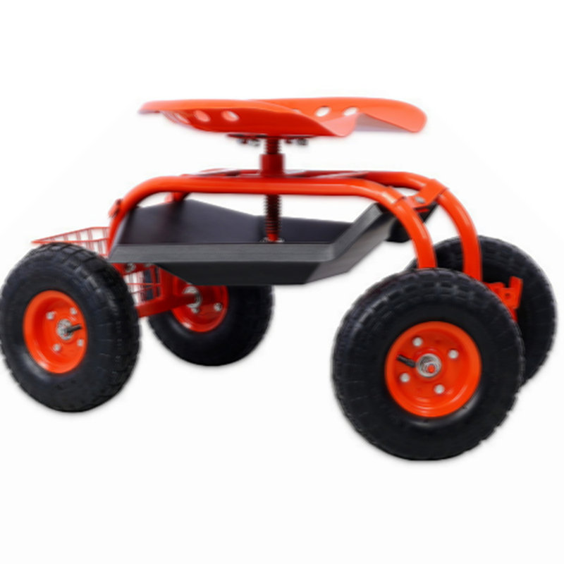 Red Steel Rolling Garden Scooter with Swivel Seat and Tool Tray