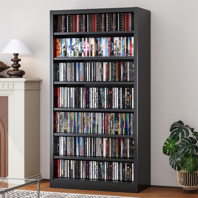 Armoires de rangement en métal pour DVD, étagère de rangement pour CD à 7 niveaux avec tablettes réglables, Noir