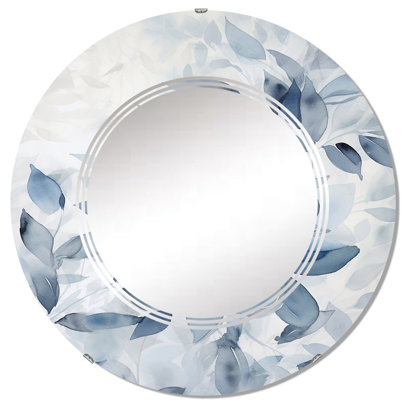Feuilles de ginko tendres dans des tons de bleu aquarelle - miroir mural rond, 32 po x 32 po