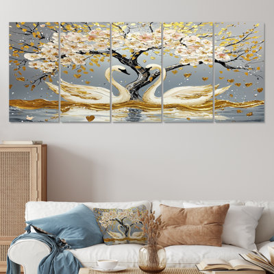Cygnes gris et or Love Under Cherry Blossom II - Ensemble de décoration murale cerisier en fleurs