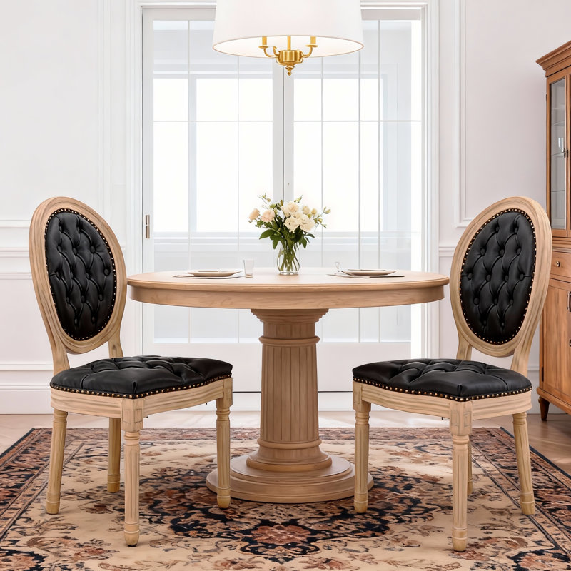 19.7" H French Upholstered Dining Chairs, Mid Century Tufted Nailhead Solid Wood PU Side Chair Farmhouse Round Back