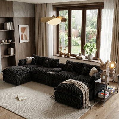 SYROVA 141" 7-Piece U-Shaped Corduroy Sectional Sofa with Center Console, Coffee Table, USB Ports & 6 Throw Pillows