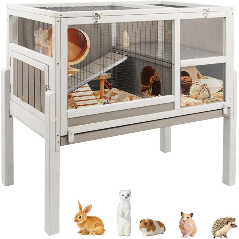 38" L Wooden 2-Story Guinea Pig Cage Indoor with Stand, Rabbit Hutch with Ramp & Hideout, Small Animal Habitat with Leak-Proof Pull-Out Tray