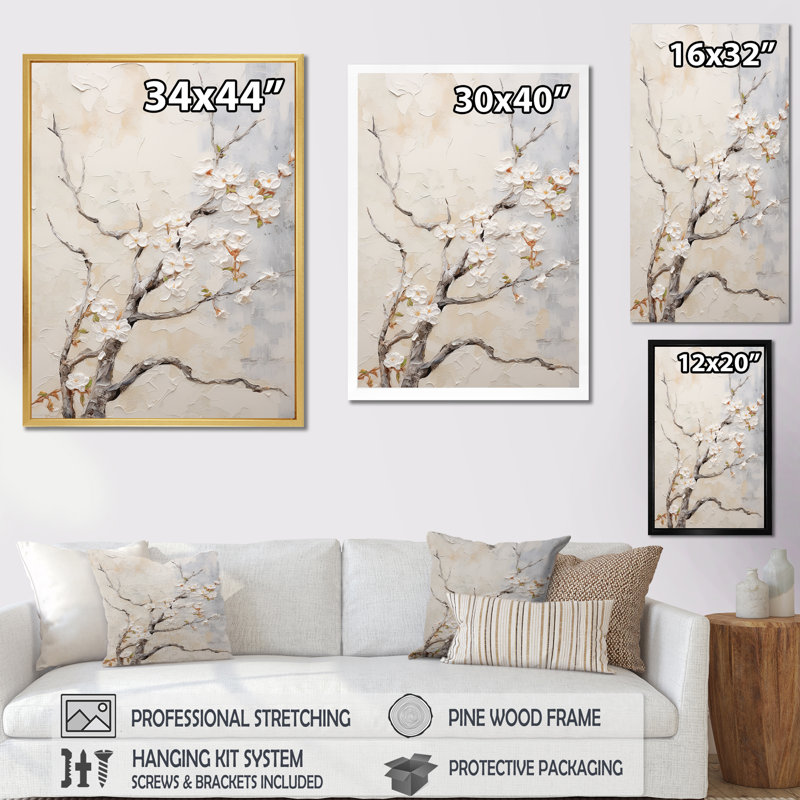 Art mural sur toile minimaliste blanc et gris Cherry Blossom IV, H 32 po x l 16 po x P 1 po, Cadre flottant doré