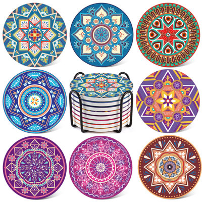 8 Packs Absorbent Drink Coaster Sets, Mandala Style Ceramic Coasters With Holder, 4 Inches Coasters For Drinks With Cork Base, Great Colorful Decor, I -  Fish hunter, ZBDB07TG8WHQG