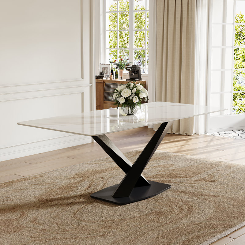 Table de salle à manger luxueuse de 63 po pour 4 personnes, table de salle à manger en pierre frittée avec base en acier au carbone noir