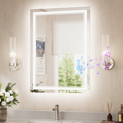 Frontlit And Backlit LED Tempered Glass Bathroom Mirror 3 Colors Temperature & Dimmable Light With Bluetooth, Defog Vanity Mirror