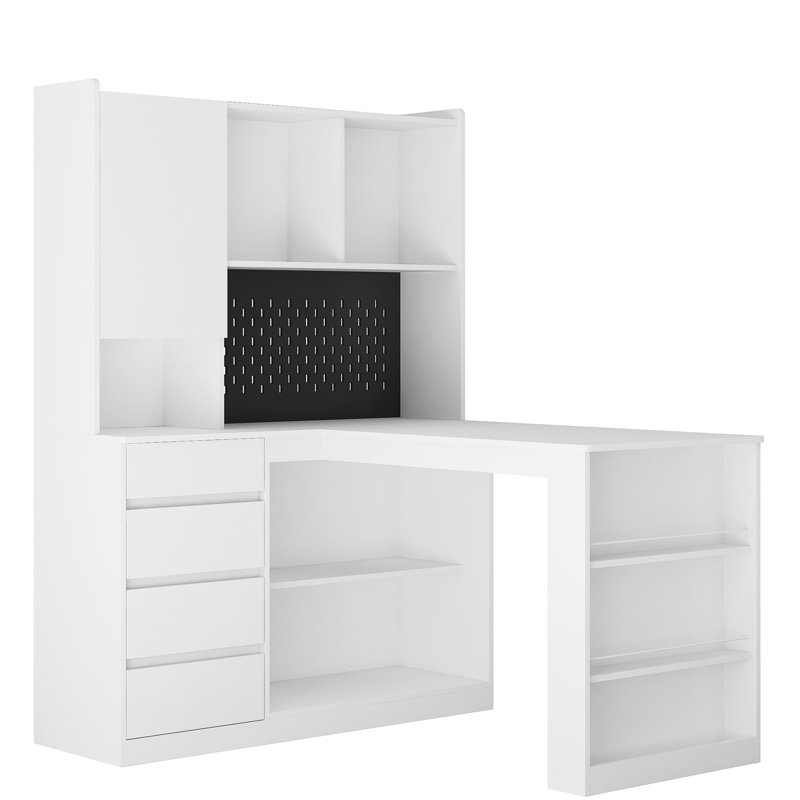 Bureau en L avec tiroirs et ports de chargement - Pratique pour le télétravail, support pour ordinateur et téléphone en forme de L, poste de travail moderne avec éclairage DEL
