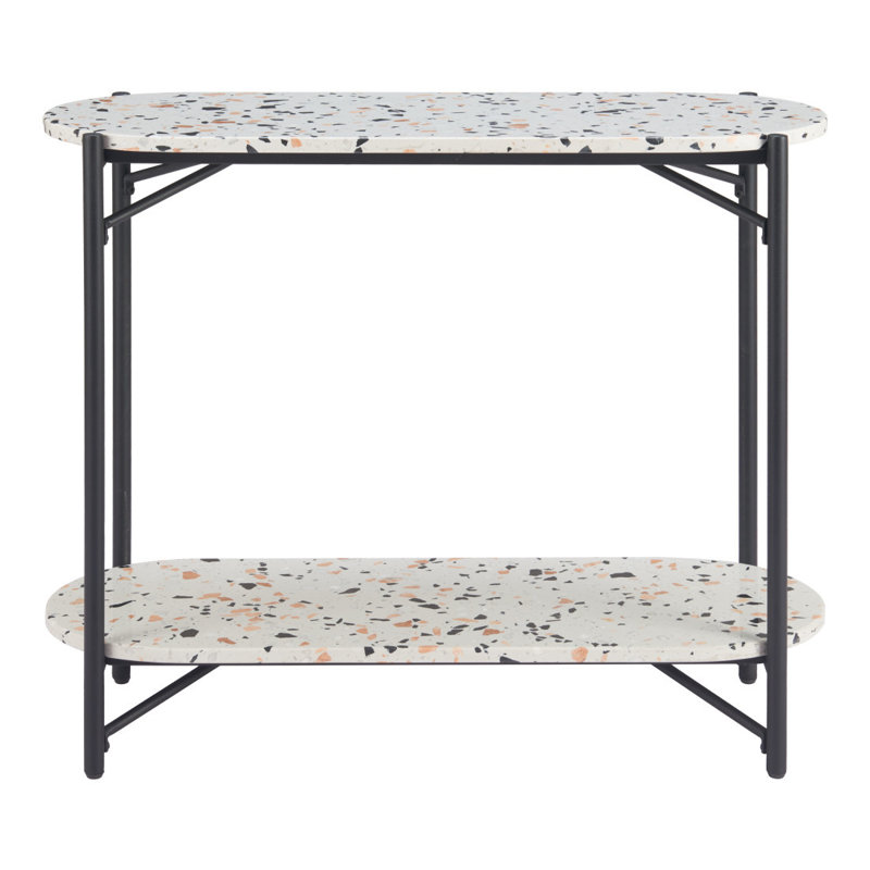 Console ovale de 91 cm (36 po) avec tablette, en imitation terrazzo blanc et noir et acier.
