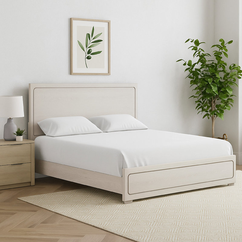 Thorne Queen Bed, Panel Design, Rounded Edges, White Oak Wood, White Oak