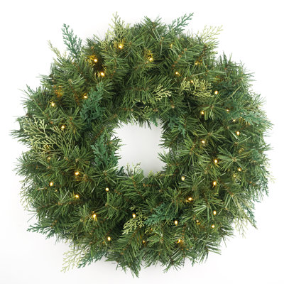 Couronne de Noël artificielle 24 po pré-éclairée, feuillage mixte de cyprès et de cèdre qui pleure, 50 lumières DEL chaudes, décoration de Noël intérieure / extérieure