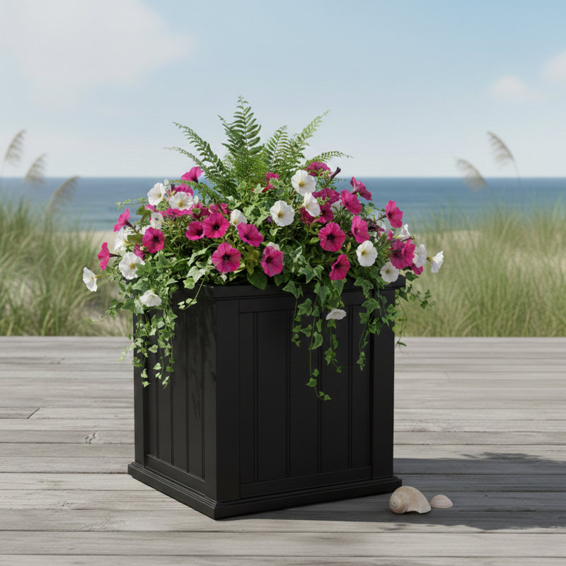 Selevae Resin Planter Box with Water Reservoir, 20" H x 20" W x 20" D, Black