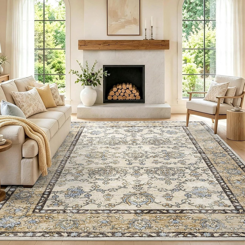 Tapis lavable antidérapant pour salon, couleur beige camel