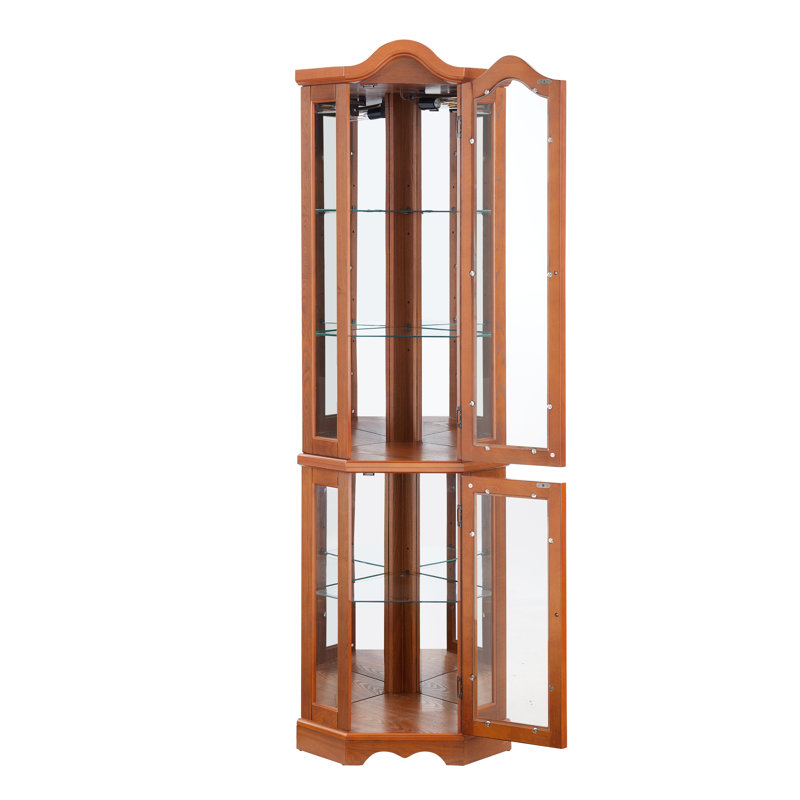 Vitrine de coin lumineuse 70 "avec portes et tablettes en verre trempé, Chêne