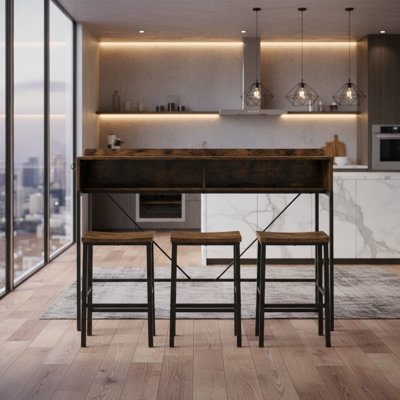 Ensemble de table de bar et de chaises 4 pièces avec canapé et 3 tabourets avec prise de courant et éclairage à DEL pour le salon / la salle à manger / la cuisine