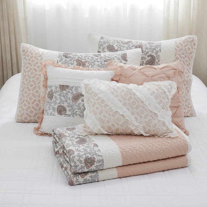 Ensemble de courtepointe en coton 6 pièces, Rosé, King Quilt + 5 Additional Pieces