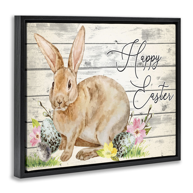 Lapin de printemps et joyeuses Pâques, H 31 po x l 25 po, Cadre flottant noir de jais