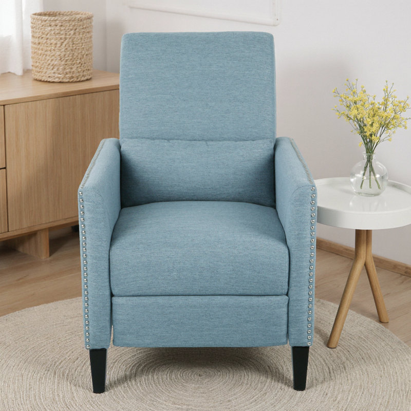 Light Blue Fabric Push-Back Recliner with Nailhead Accents & Birch Wood Legs, Light Blue