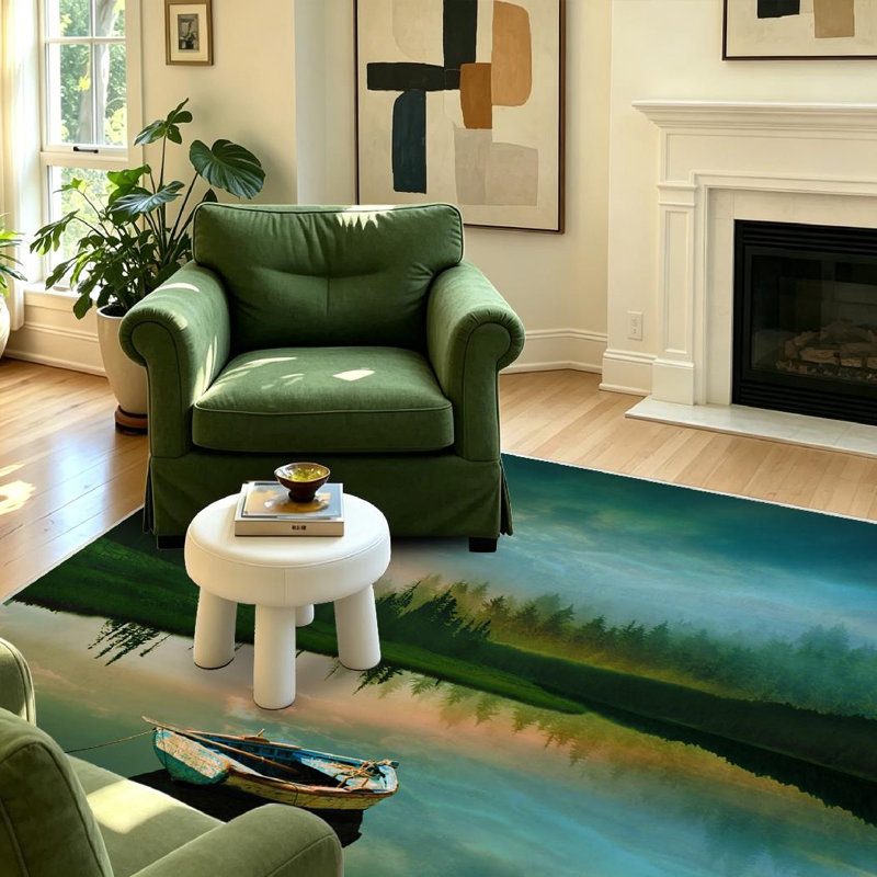 Blue Fishing Boat Calm Lake Landscape Beautiful Machine Washable Indoor Area Rug, Rectangle 55" x 79"