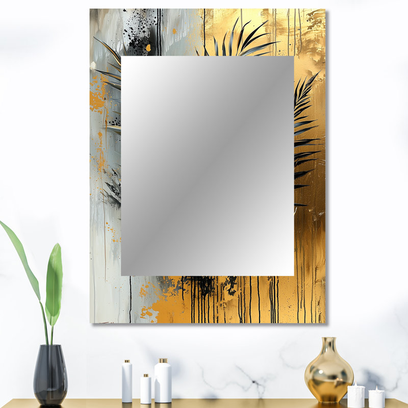 Minimalism Ferns Golden Tropical Symphony III - Ferns Large Mirror, Modern Decorative Wall Mirror, Printed Metal Art