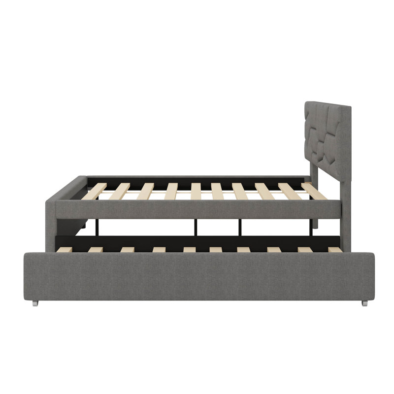 Lit plateforme tapissier en lin avec tête de lit à motif brique, gigogne, Gris