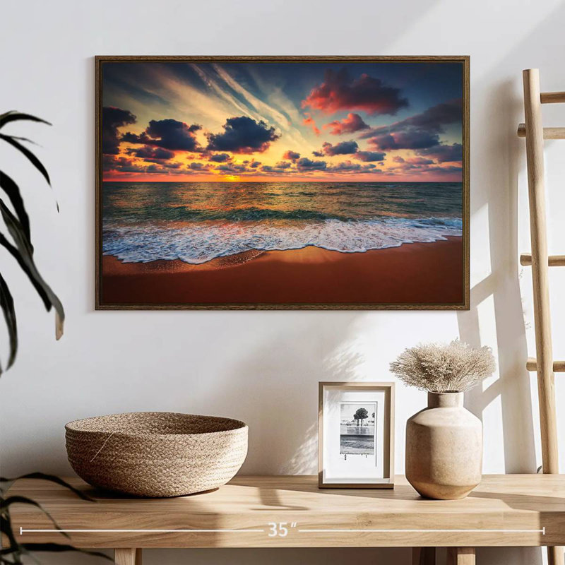 Coucher de soleil d'été, 25 po x 17 po, Cadre flottant noyer