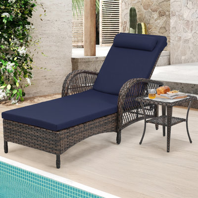 Outdoor Wicker Chaise Lounger With Side Table, All-Weather Patio Lounger Chaise Sunbathing Reclining Chair With Armrest & Pillow, 6-Position Adjustable Rattan Lounger Chair Set, Navy Blue
