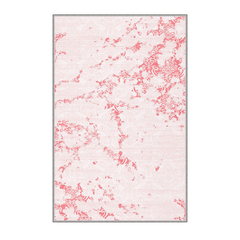 Tapis rose en polyester tissé à la machine Bazile, Rectangle 2 pi 7 po x 4 pi 11 po