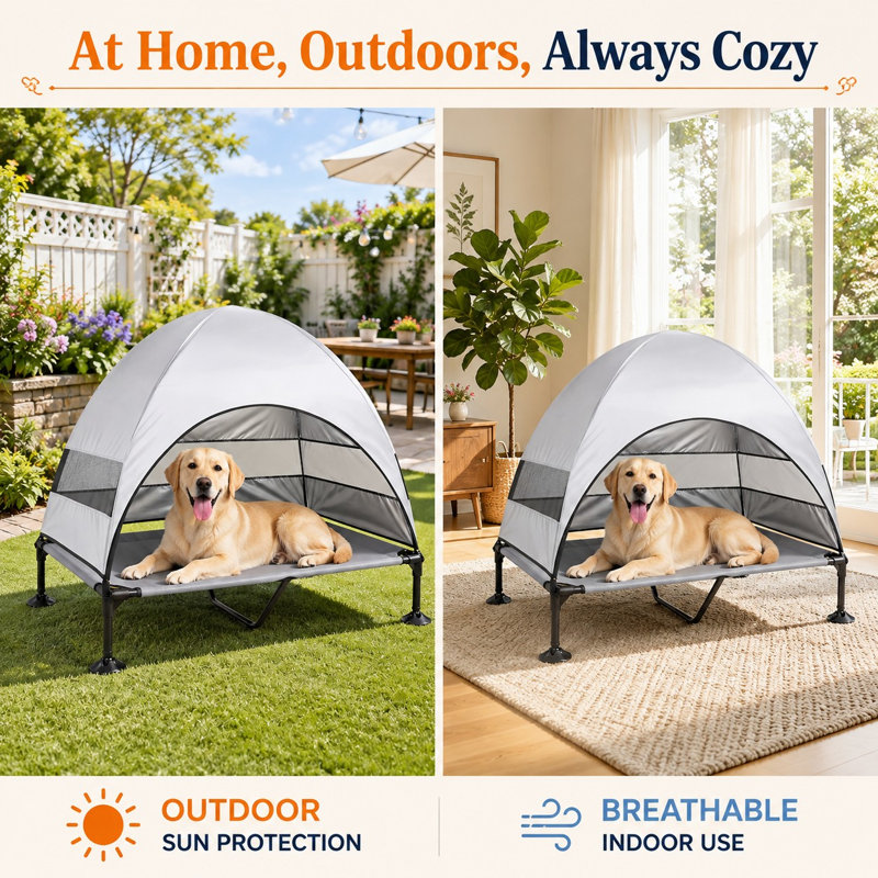 Lit de camp surélevé d'extérieur avec auvent, pieds réglables stables et une large zone d'ombre, conçu comme un lit de tente surélevé pour chien destiné au camping en extérieur.