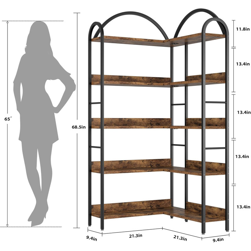 Industrial Corner Bookshelf - Arched L-Shaped Bookcase