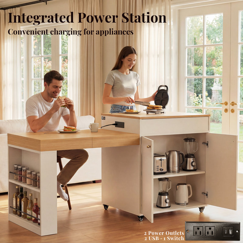 78.8 Inch Extendable Rolling Kitchen Island With Power Outlet